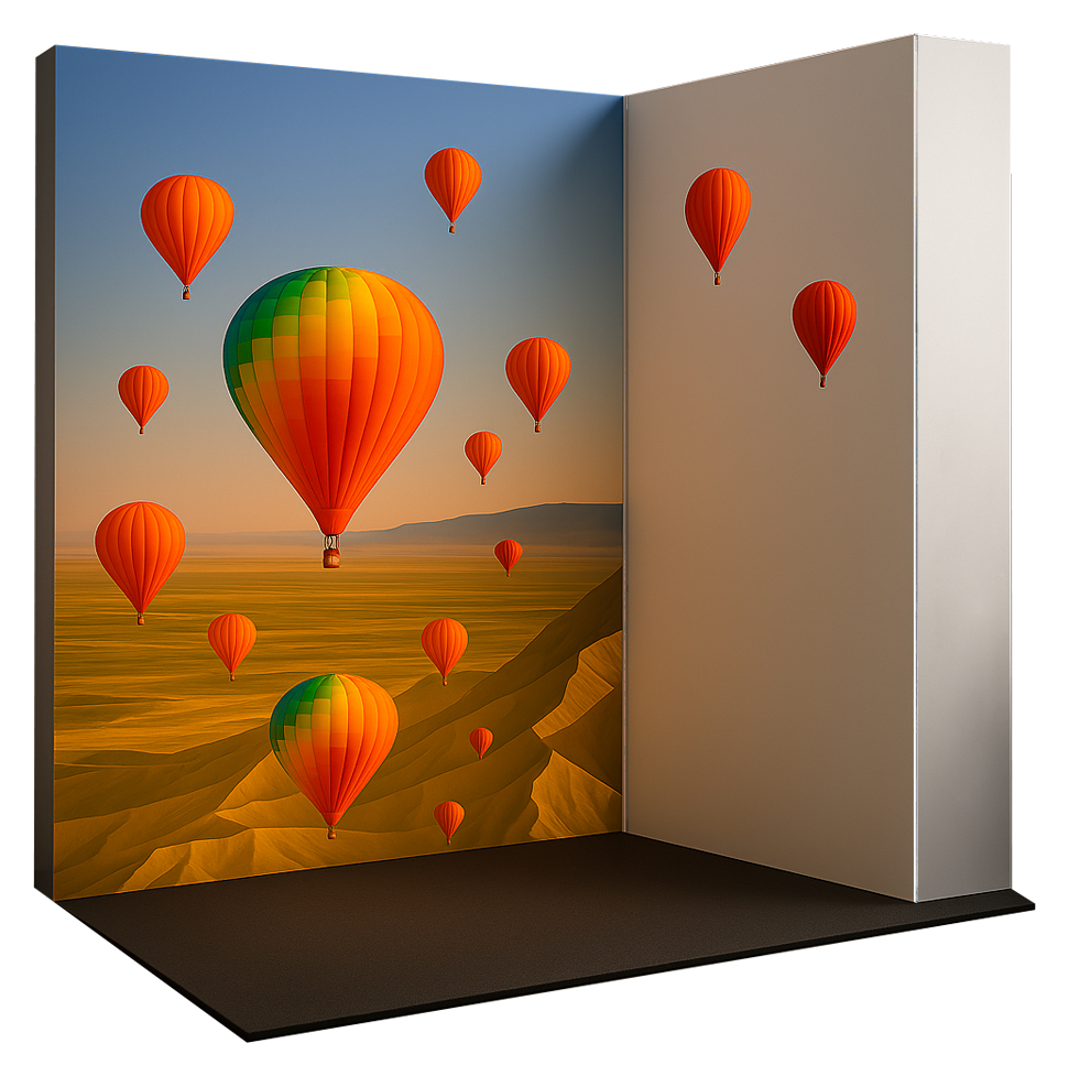 A picture showing two SEG Fabric Pop Up Stands connected together at 90 degree angles
