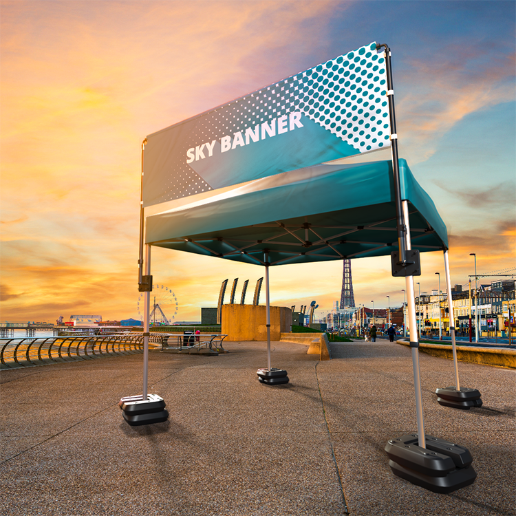 A picture of a sky banner attached to a 3x3M gazebo