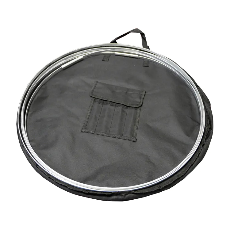 A picture of the spring steel frame of a pop up banner inside a carry bag