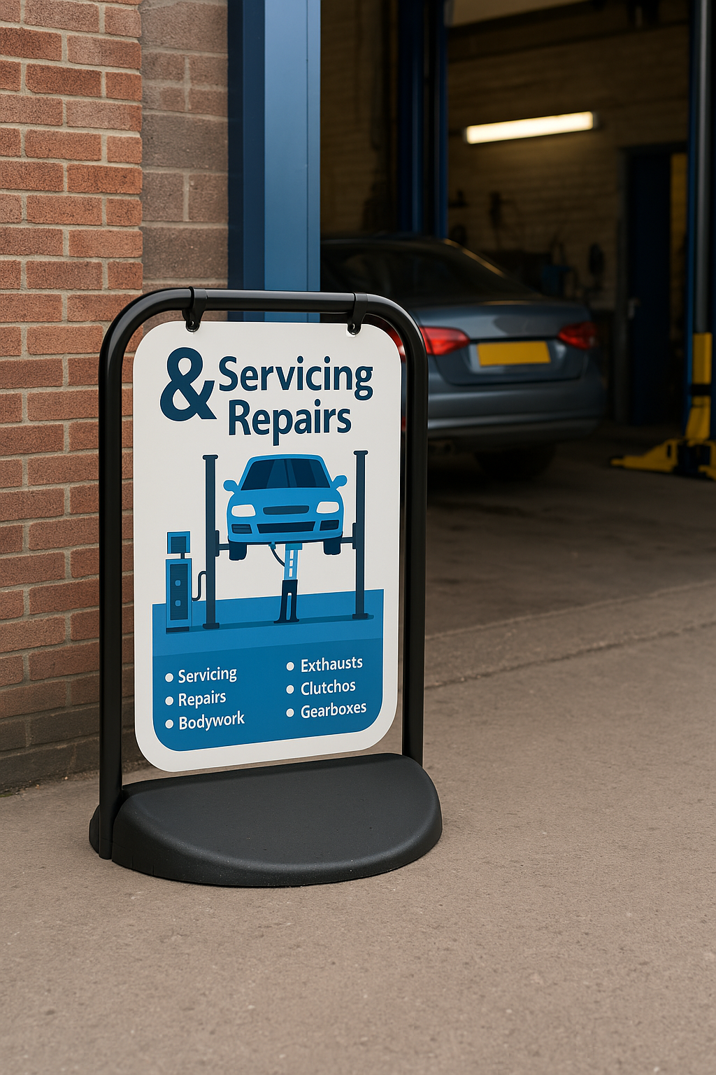 A photo of a Swinger 2 Pavement Sign. The sign is placed on the ground outside of a garage