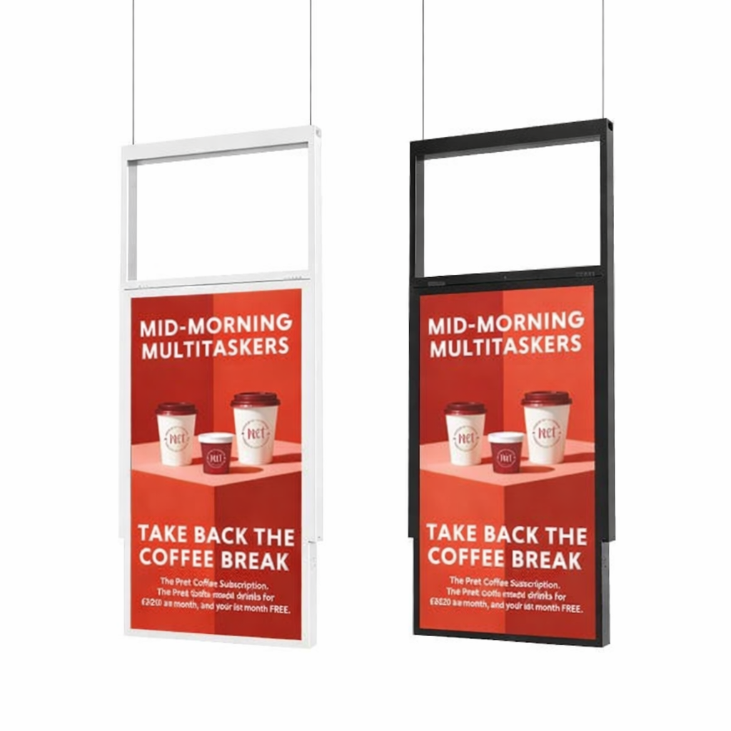 Available in Black or White  - image showing the two colour options for the Ultra High Brightness Hanging Double Sided Window Display