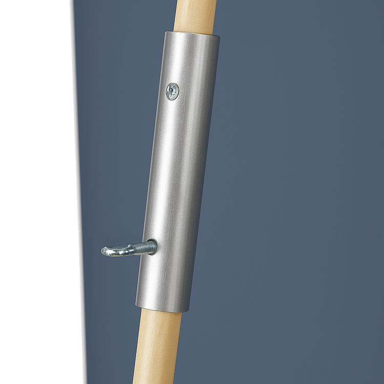 Close up image of the tensioning adjustment screw on the pole of the wooden eco-friendly banner stand