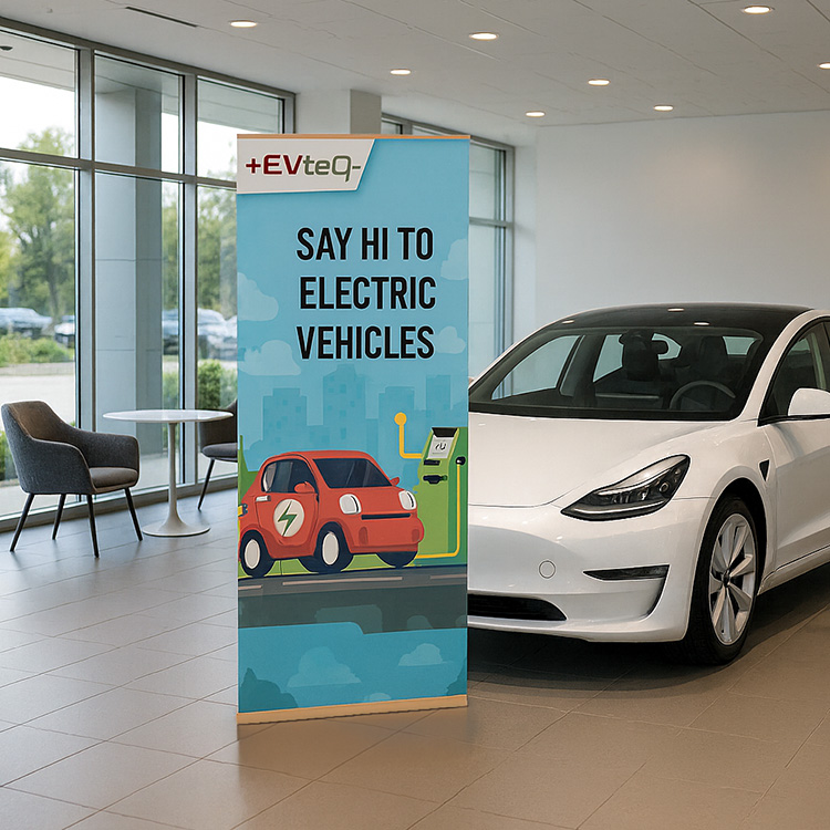Wooden eco-friendly banner stand in a showroom