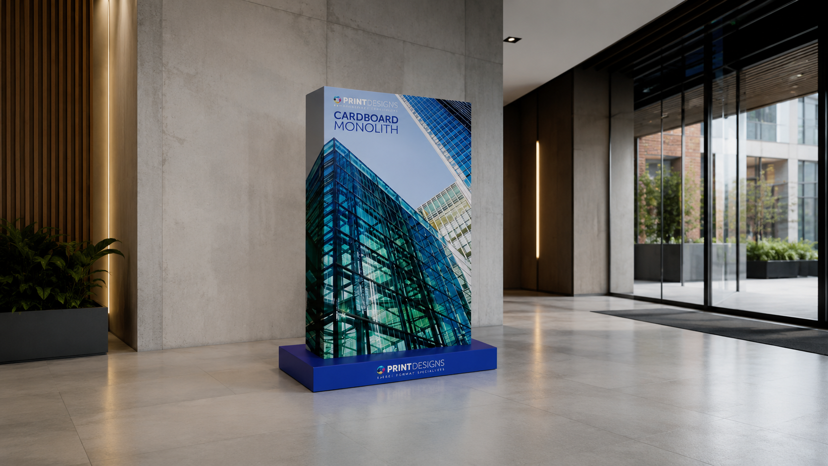 Cardboard Monolith Display used as a branded promotional display in a modern office building reception
