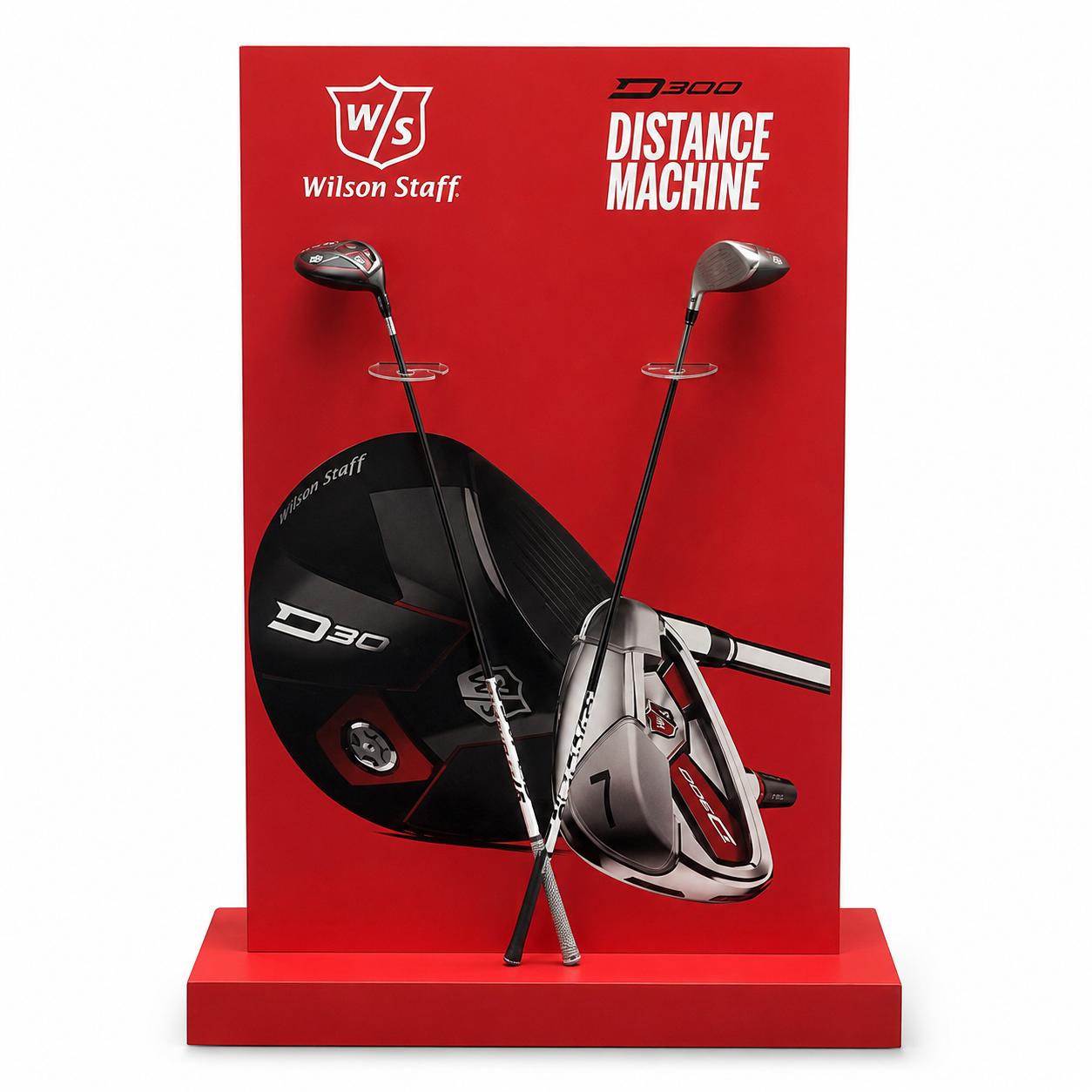 Cardboard Monolith Display printed for a Wilson Staff golf campaign with two golf clubs held on clear product holders