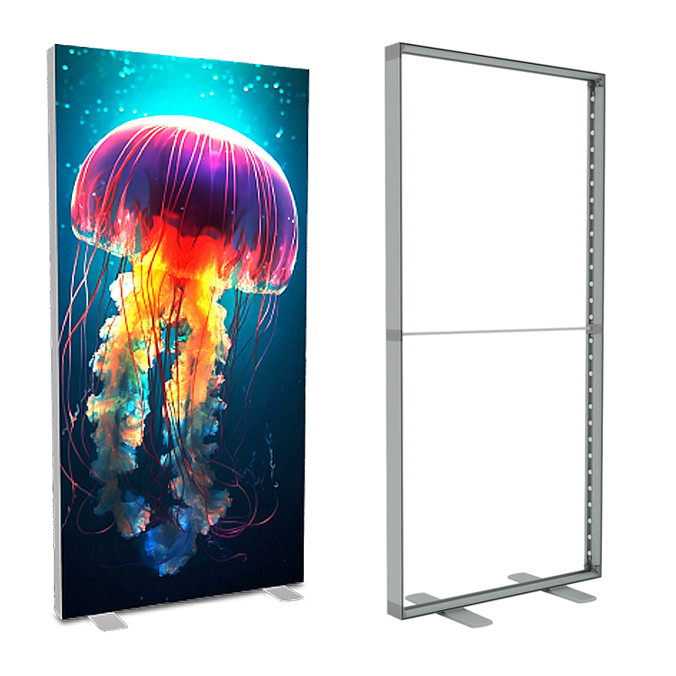 An IllumiGo Up Folding Freestanding Lightbox. The image shows the frame with the print next to the frame without the print