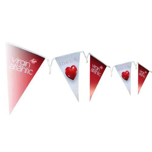 A picture of triangular printed bunting strung out in a line